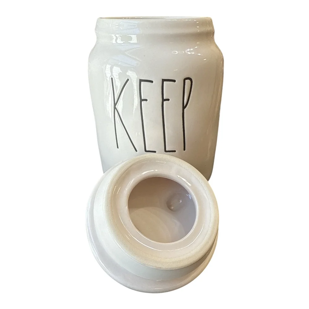 Ceramic Keep Storage Canister, White Farmhouse Style, 7 x 4 inches